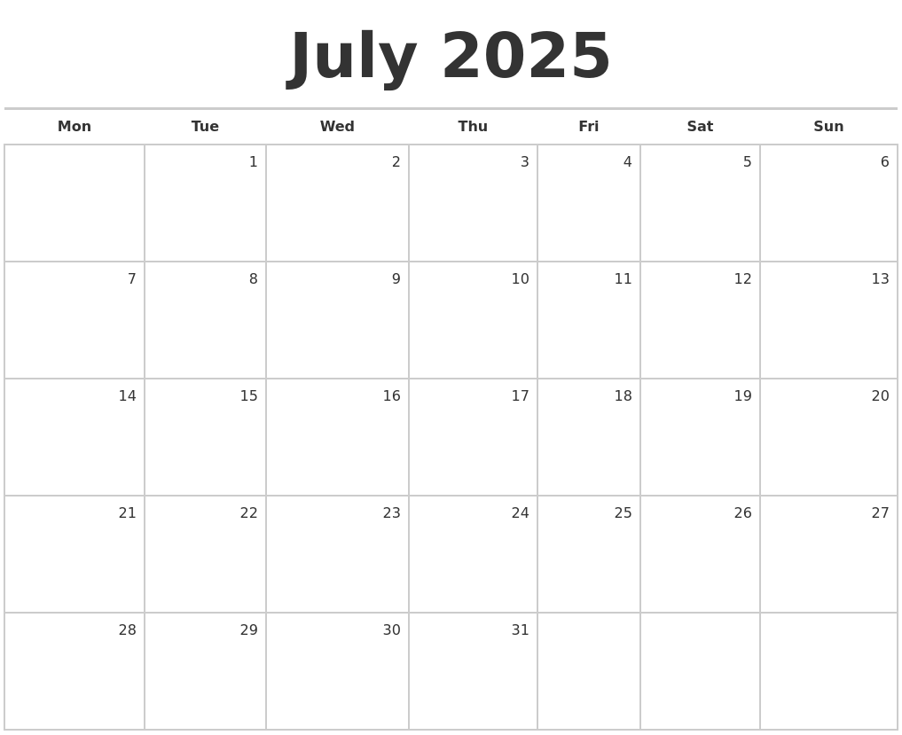 July 2025 Blank Monthly Calendar