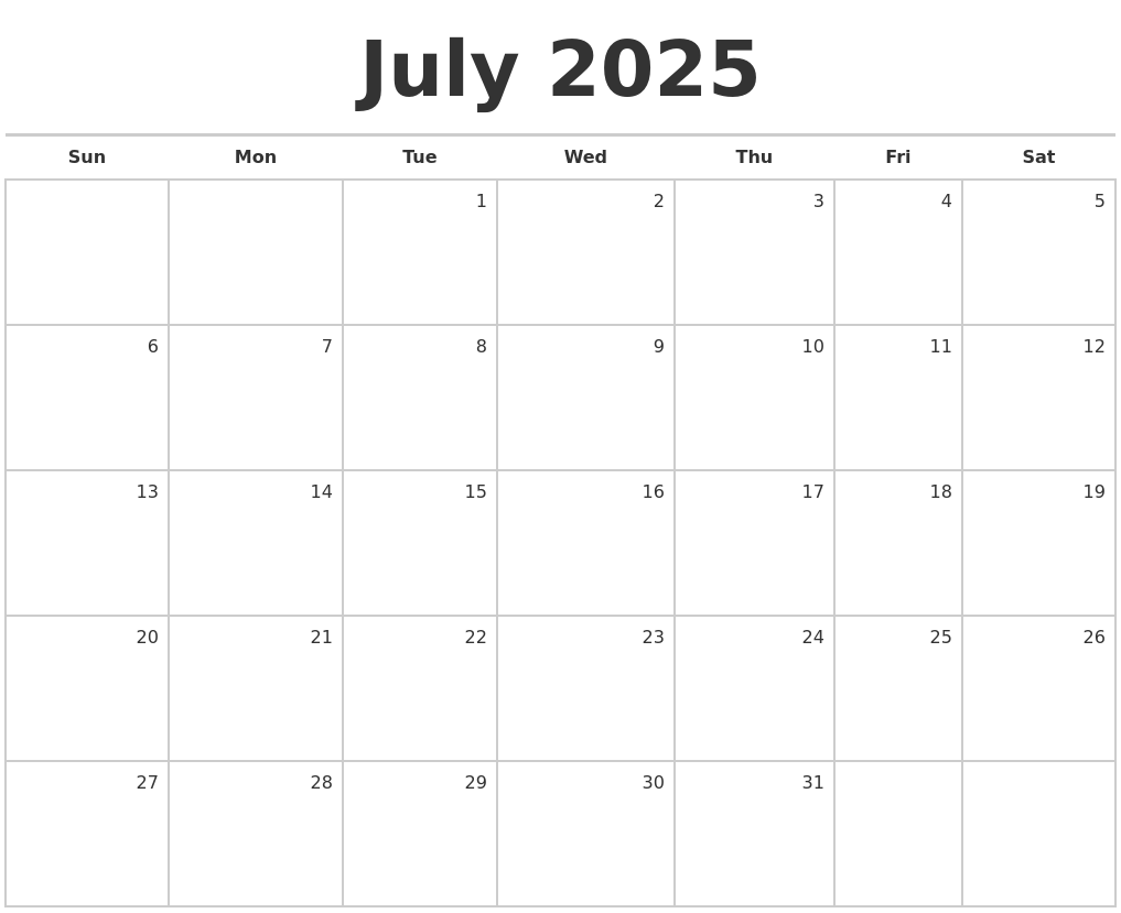 July 2025 Blank Monthly Calendar