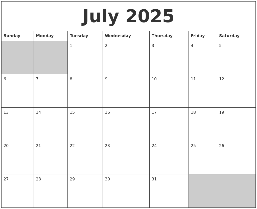July 2025 Blank Printable Calendar