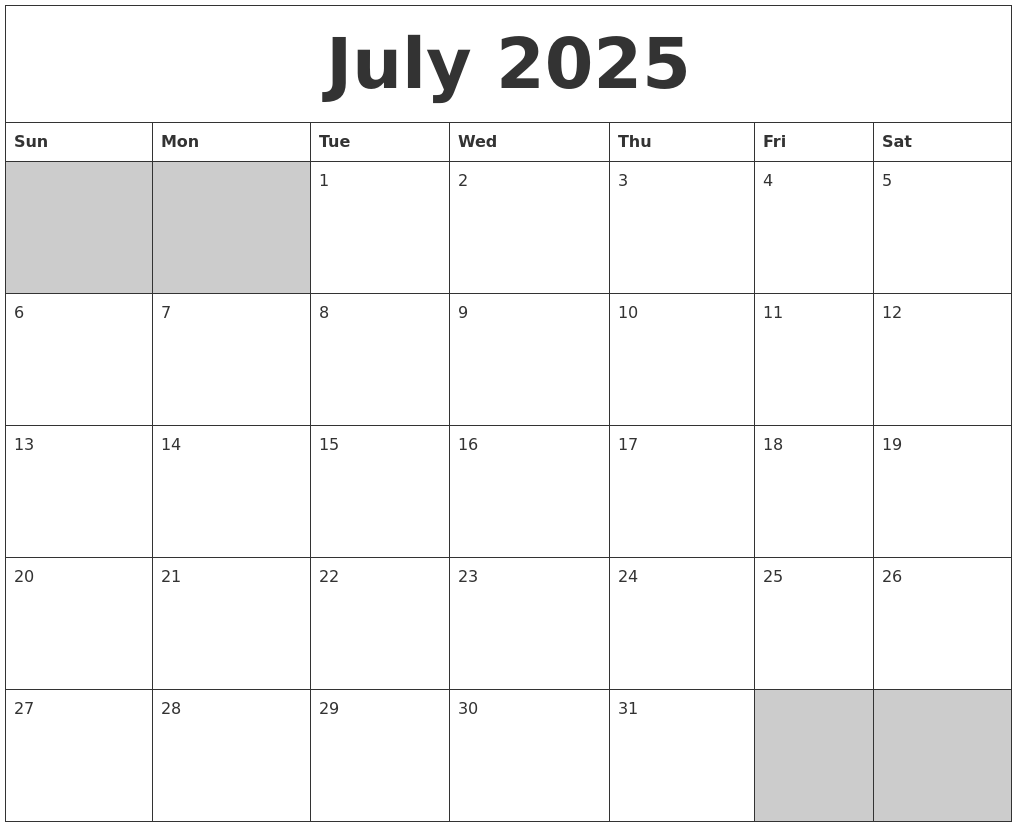 July 2025 Blank Printable Calendar