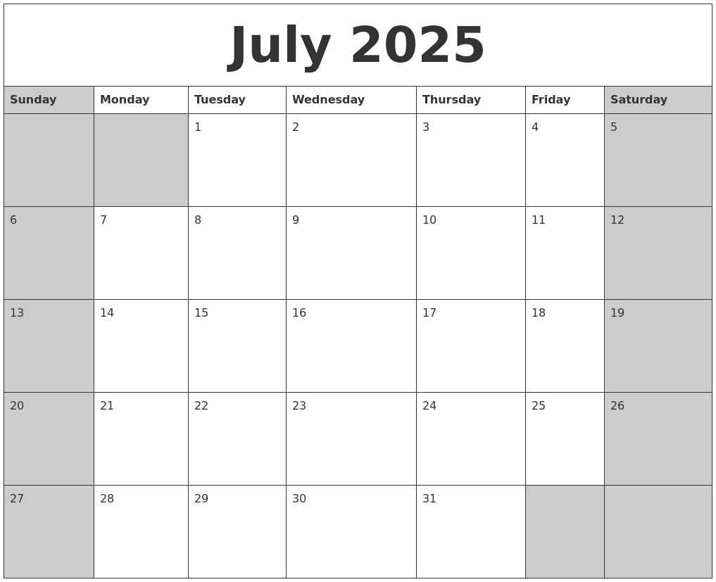 July 2025 Calanders