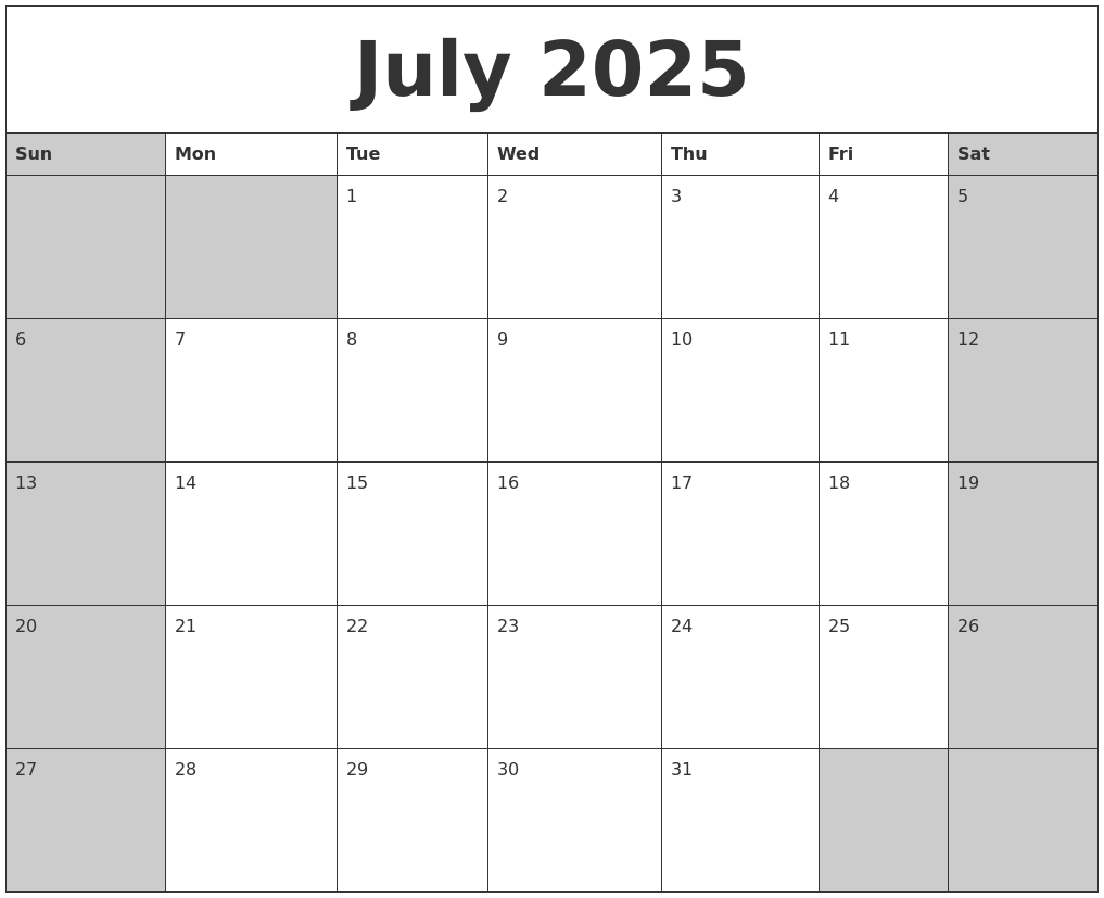 July 2025 Calanders