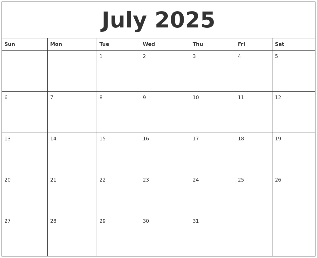 July 2025 Calendar Month