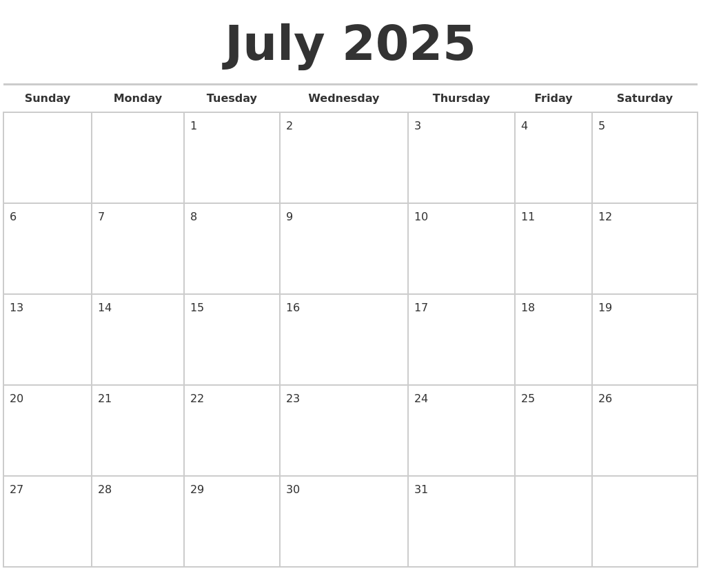 July 2025 Calendars Free