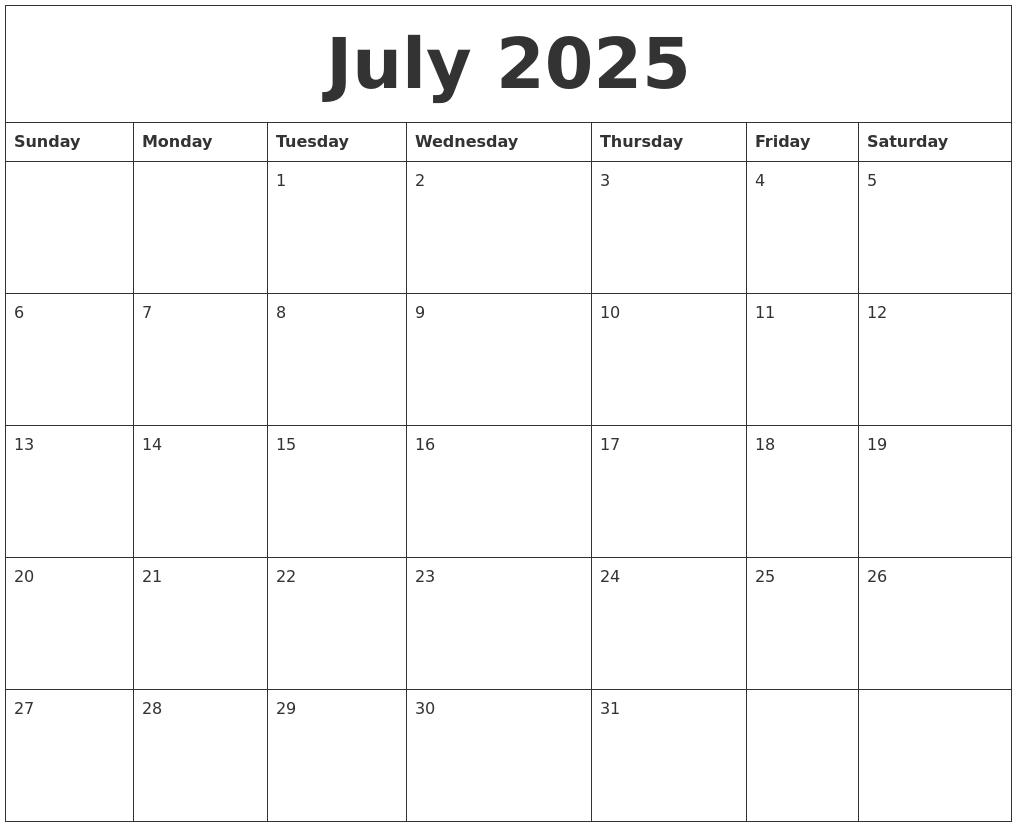 July 2025 Free Blank Calendar