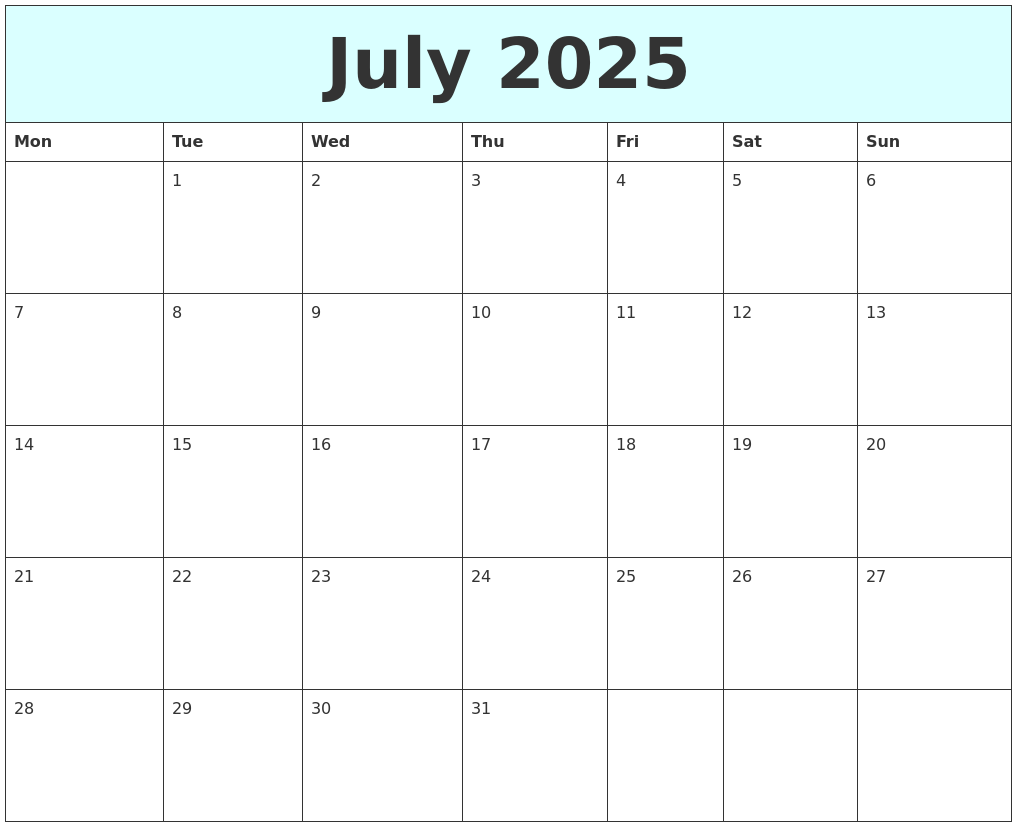 july 2025 free calendar monday start