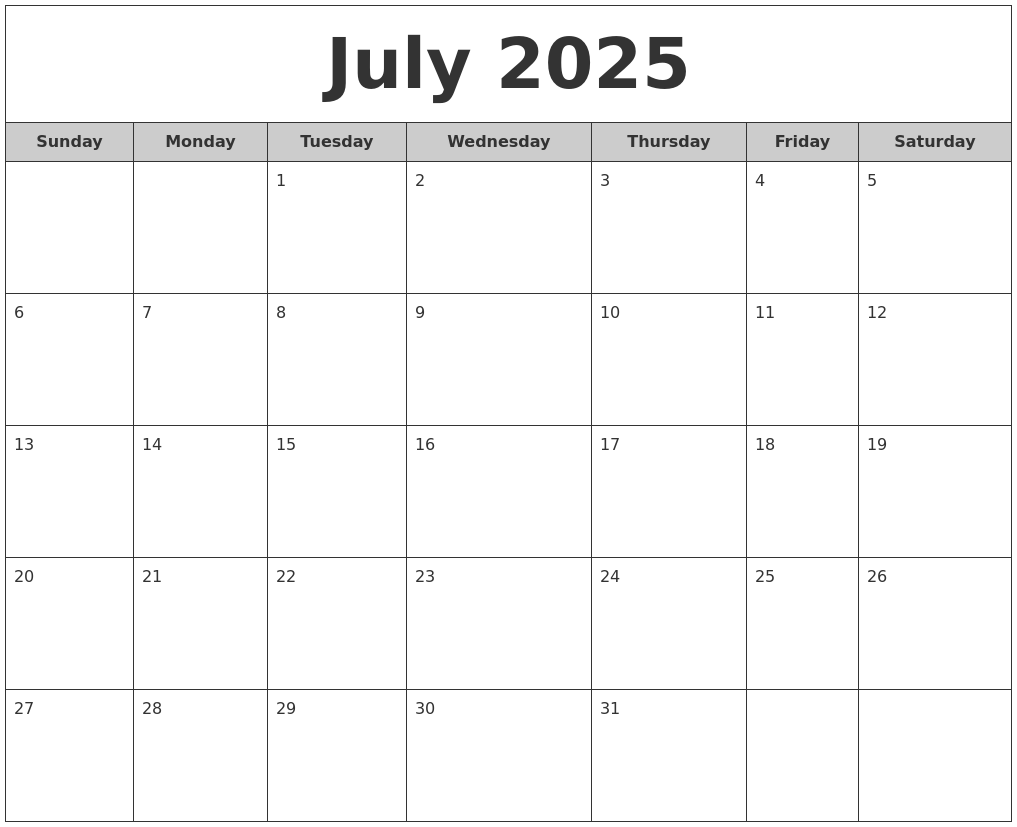 Monthly Calendar July 2025 June 2025