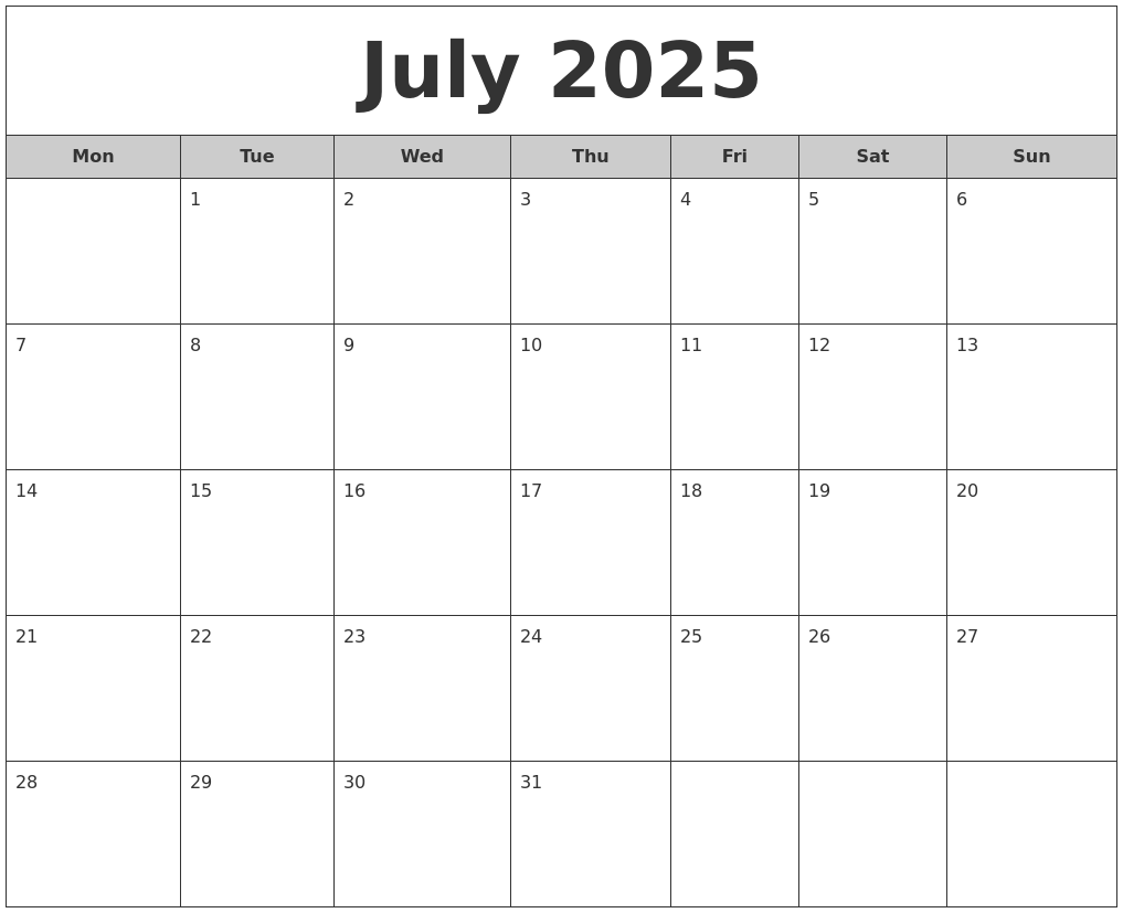 July 2025 Free Monthly Calendar