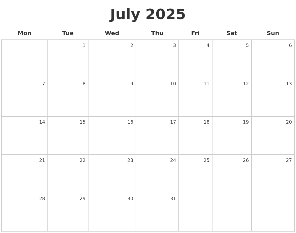 July 2025 Make A Calendar