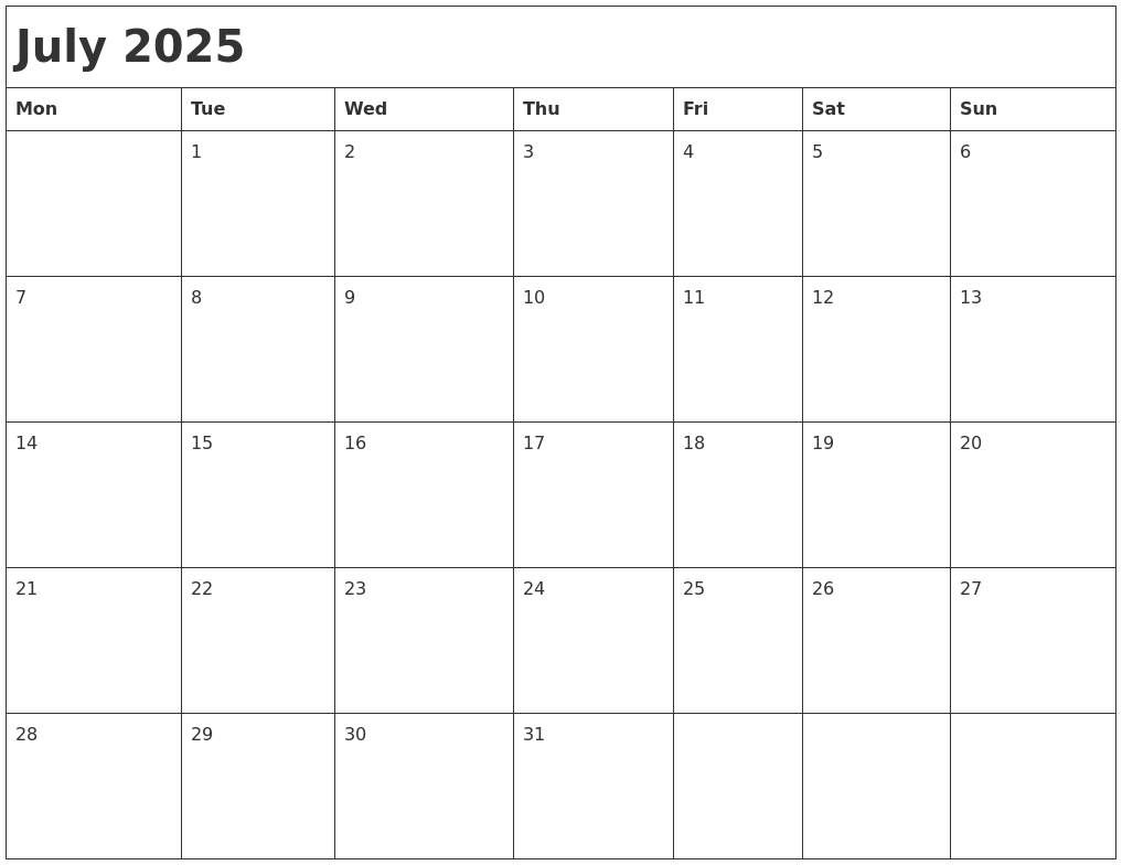 July 2025 Month Calendar