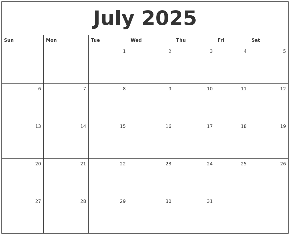 July 2025 Monthly Calendar