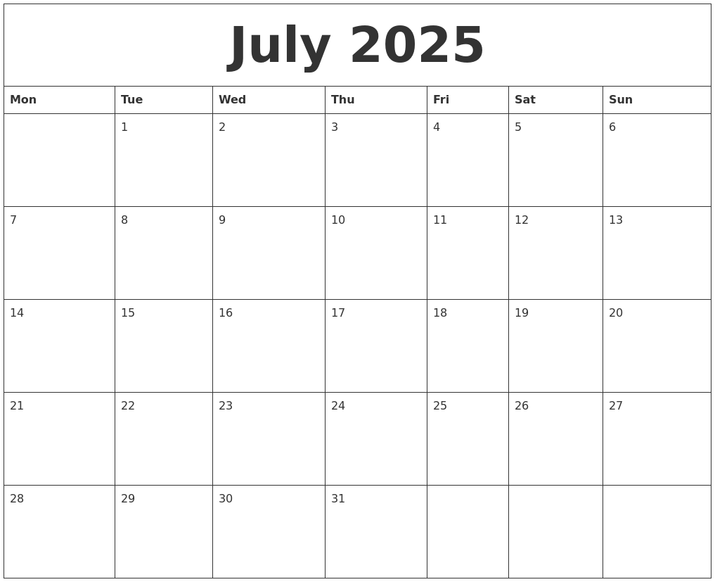 July 2025 Monthly Printable Calendar