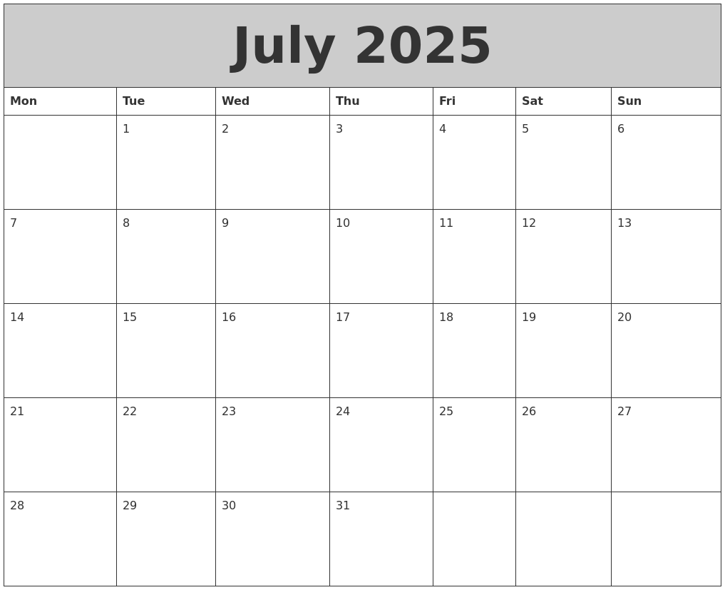 July 2025 My Calendar
