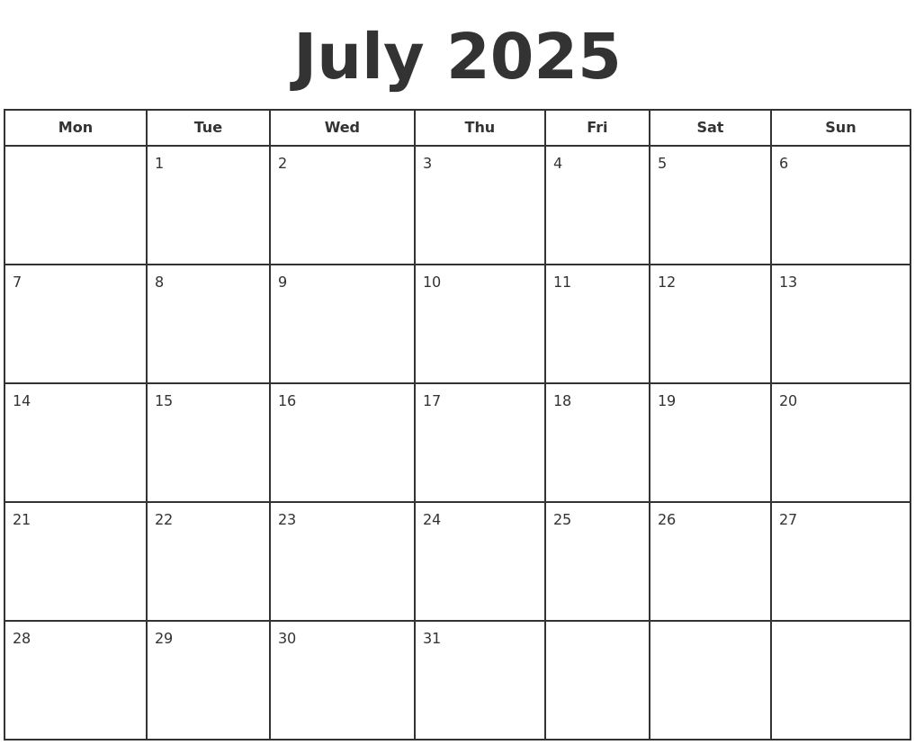 July 2025 Calender