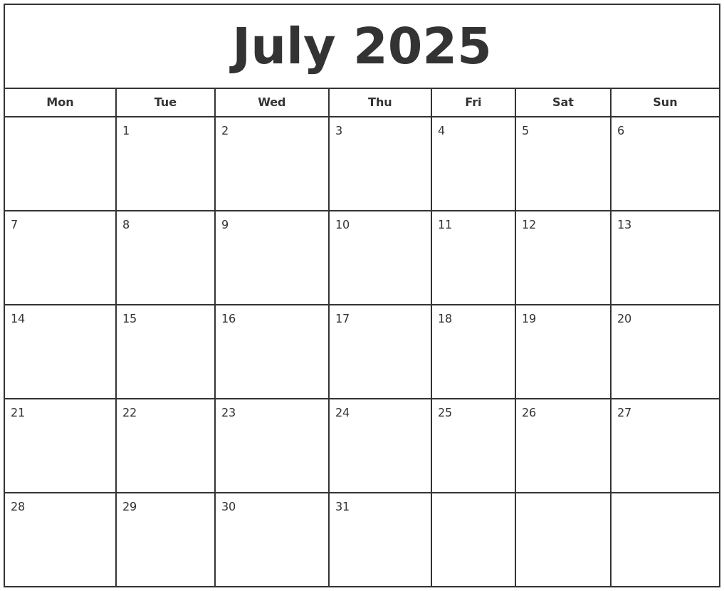 July 2025 Print Free Calendar