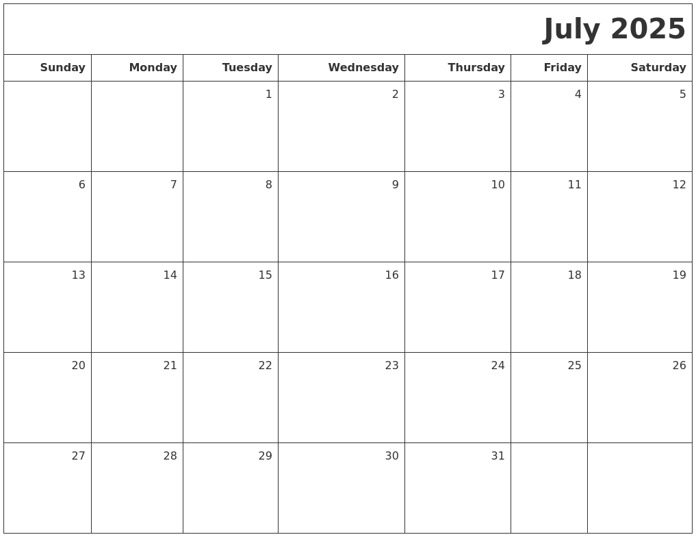 July 2025 Printable Blank Calendar