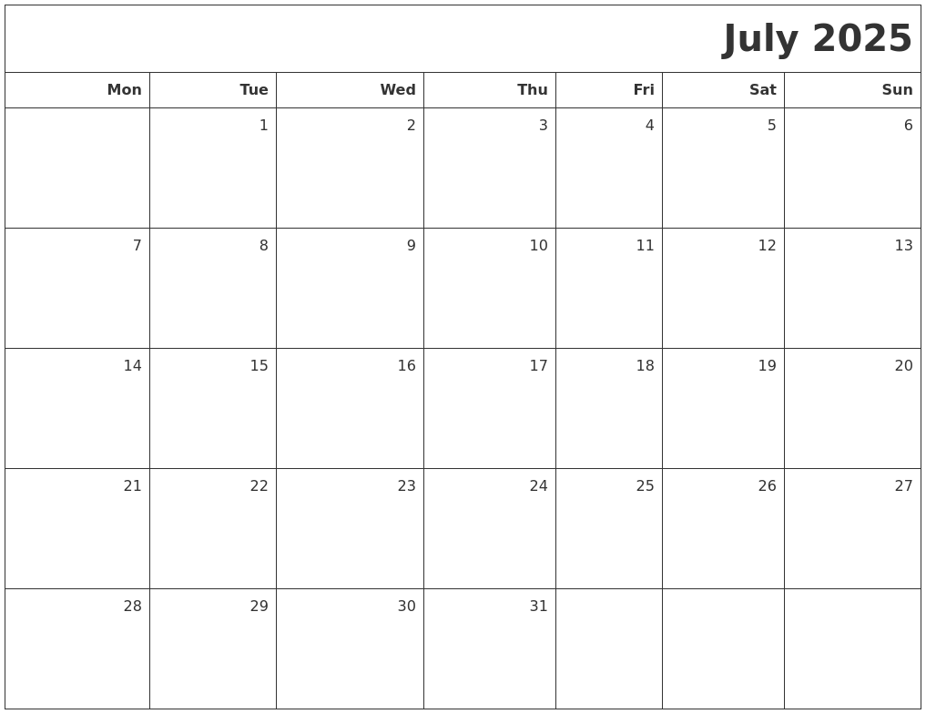 Printable Calendar July 2025 To June 2025