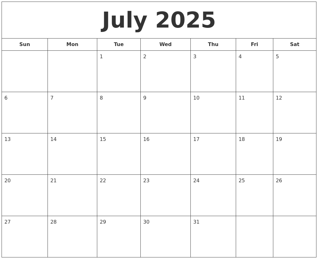 July 2025 Printable Calendar