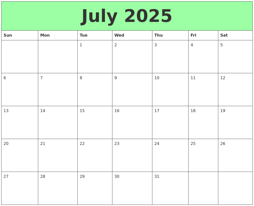 July 2025 June 2025 Calendar