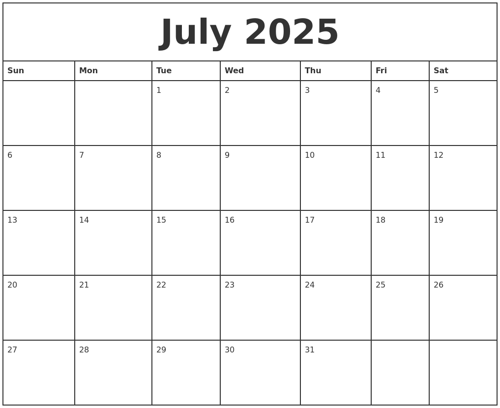 July 2025 Printable Monthly Calendar
