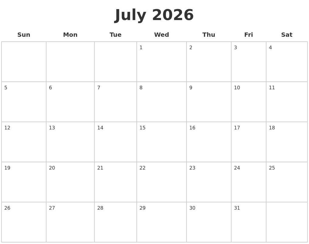 July 2026 Blank Calendar Pages