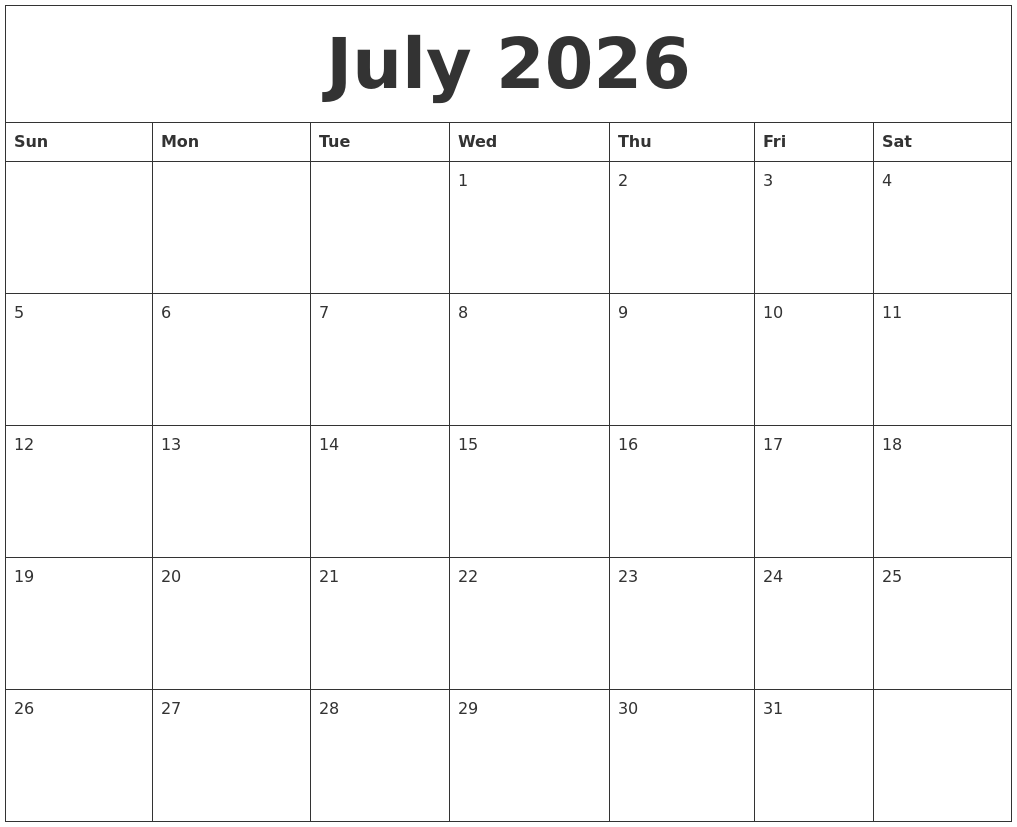 July 2026 Blank Monthly Calendar Template