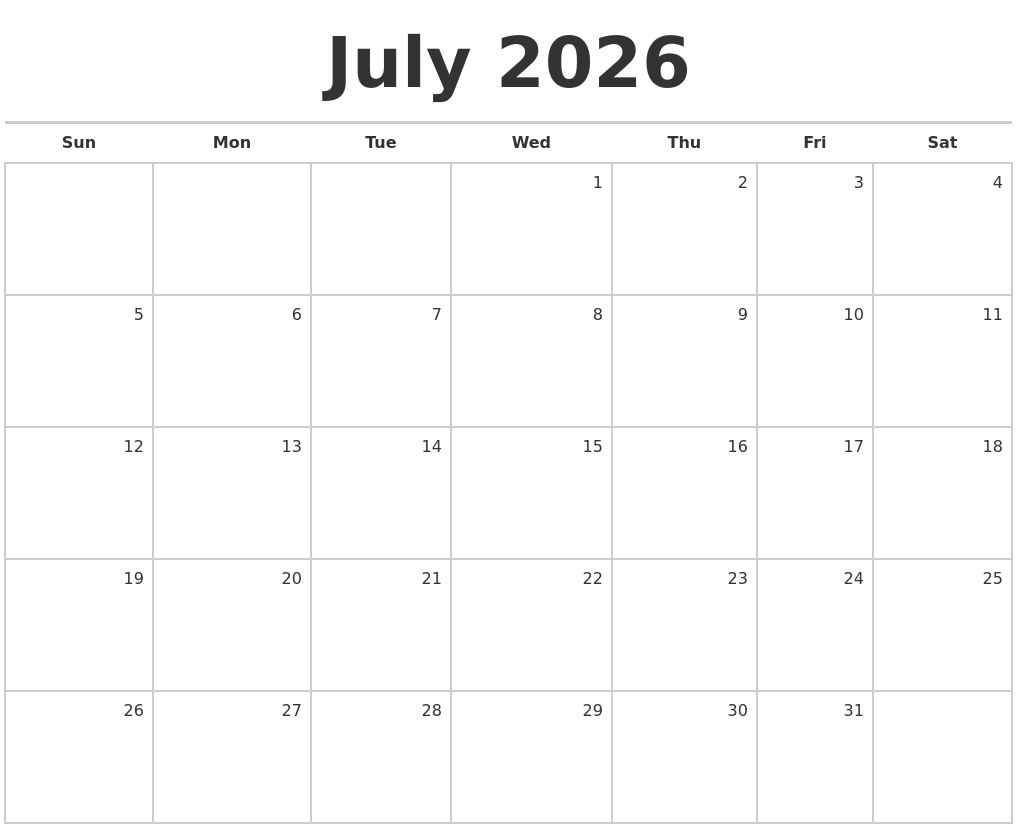 July 2026 Blank Monthly Calendar