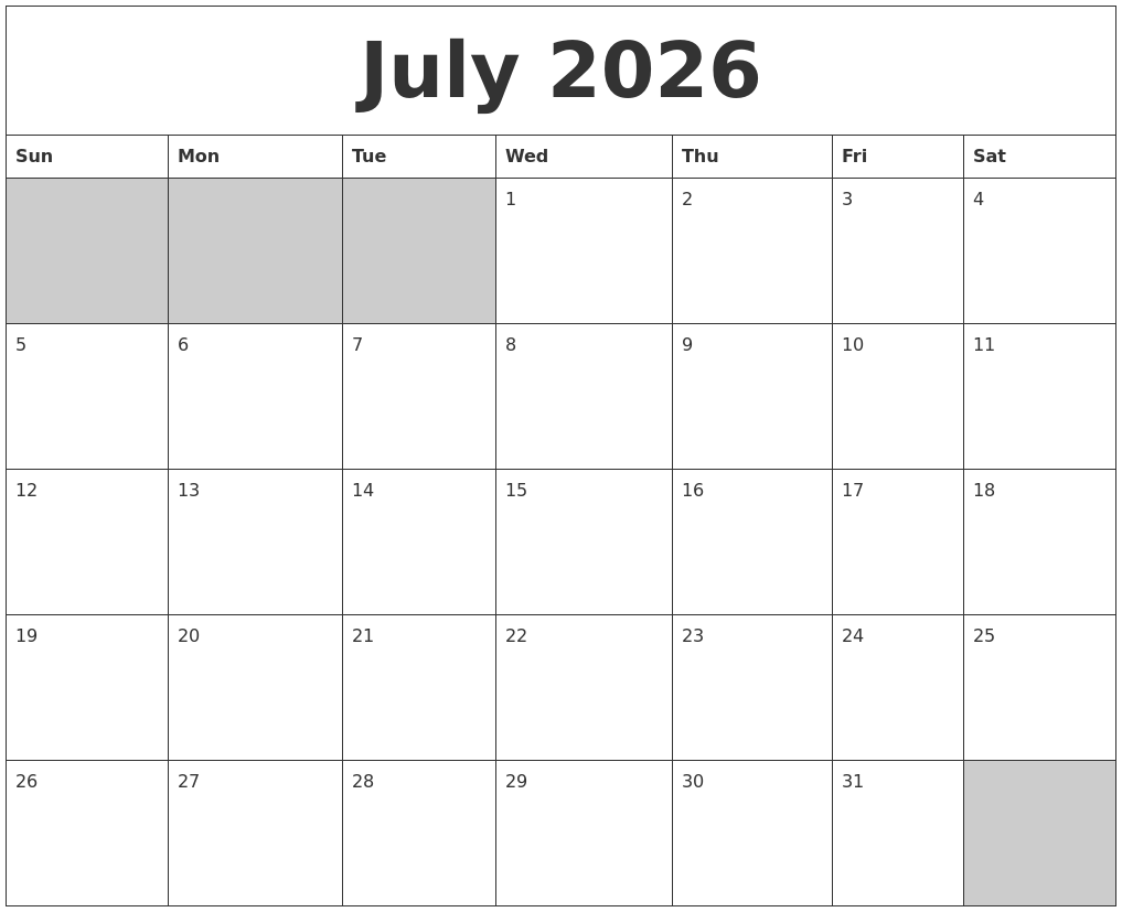 July 2026 Blank Printable Calendar