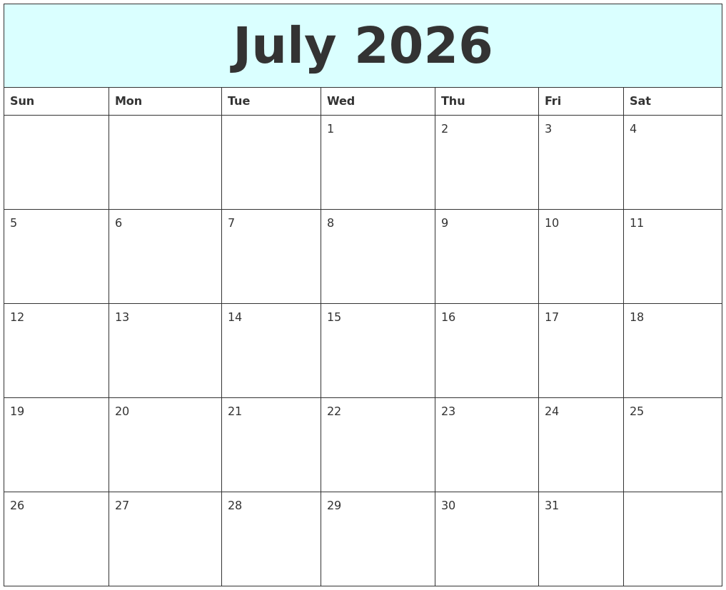 July 2026 Free Calendar