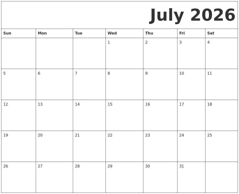 July 2026 Free Printable Calendar