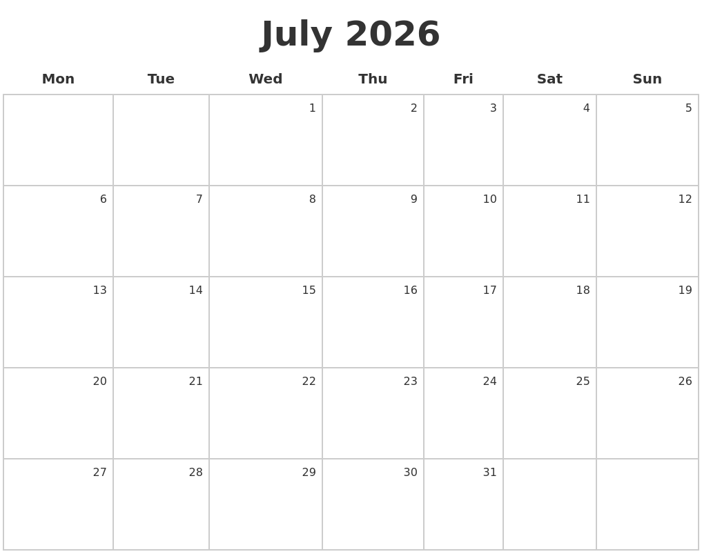 July 2026 Make A Calendar