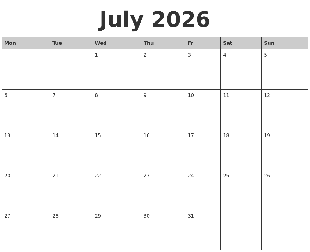 July 2026 Monthly Calendar Printable