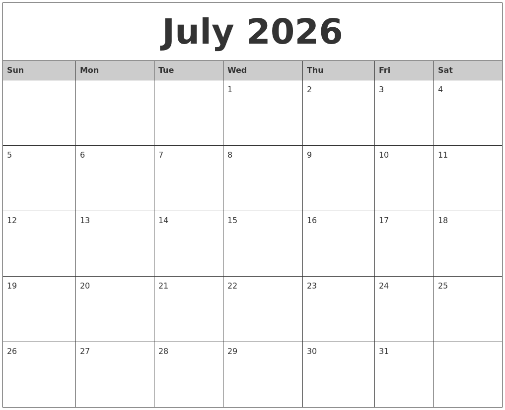 July 2026 Monthly Calendar Printable