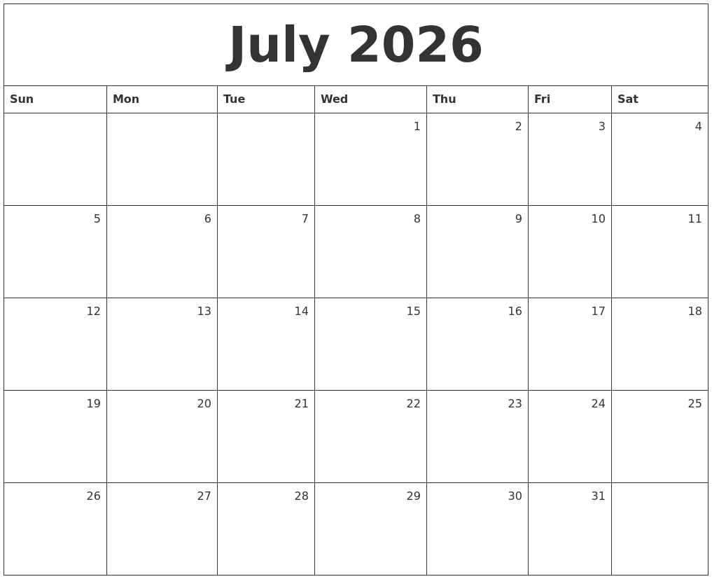 July 2026 Monthly Calendar