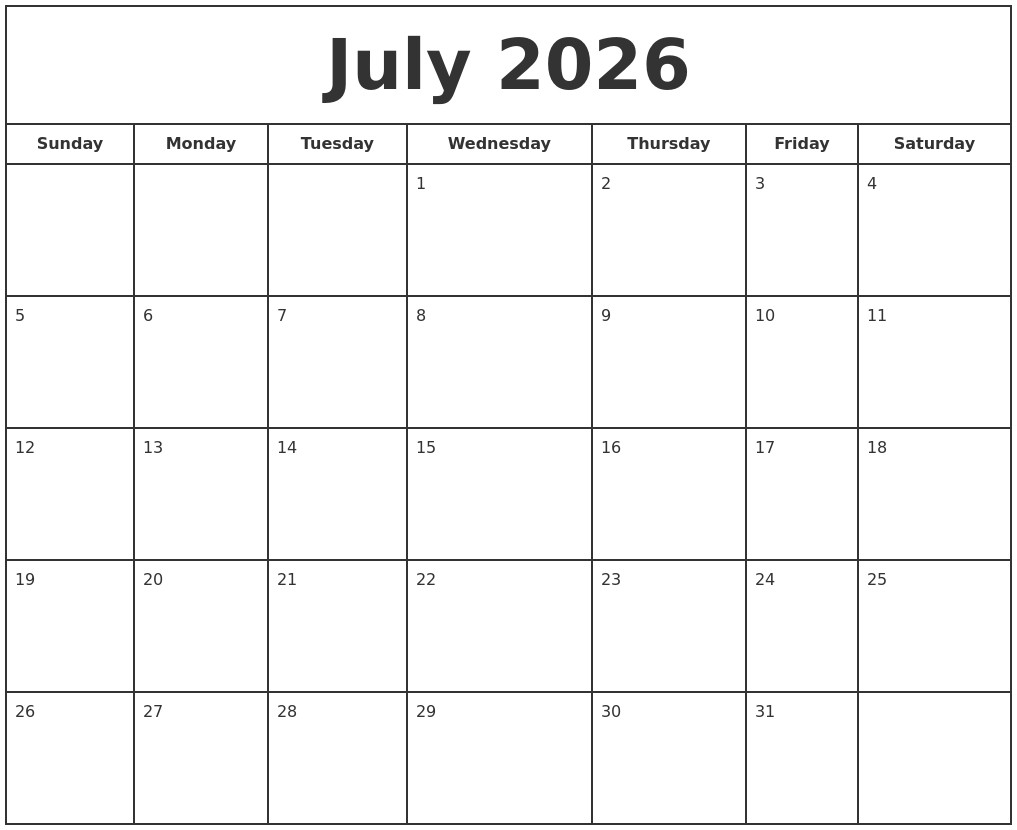 July 2026 Print Free Calendar