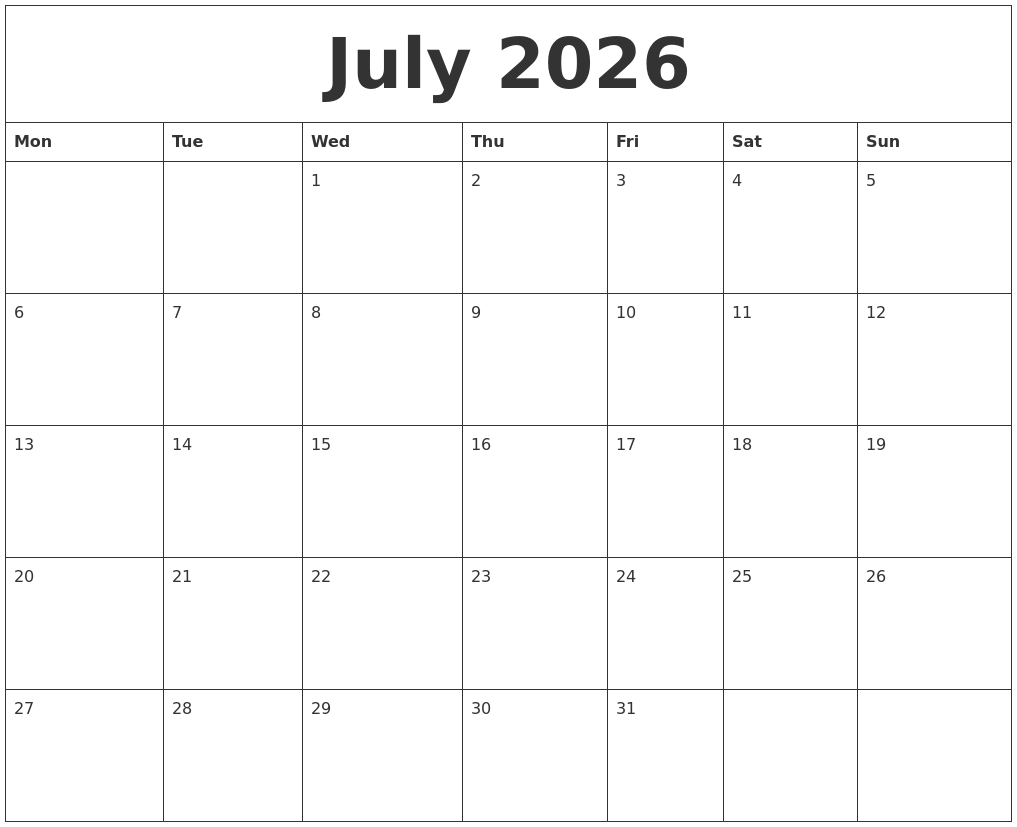 July 2026 Printable Calendar Free