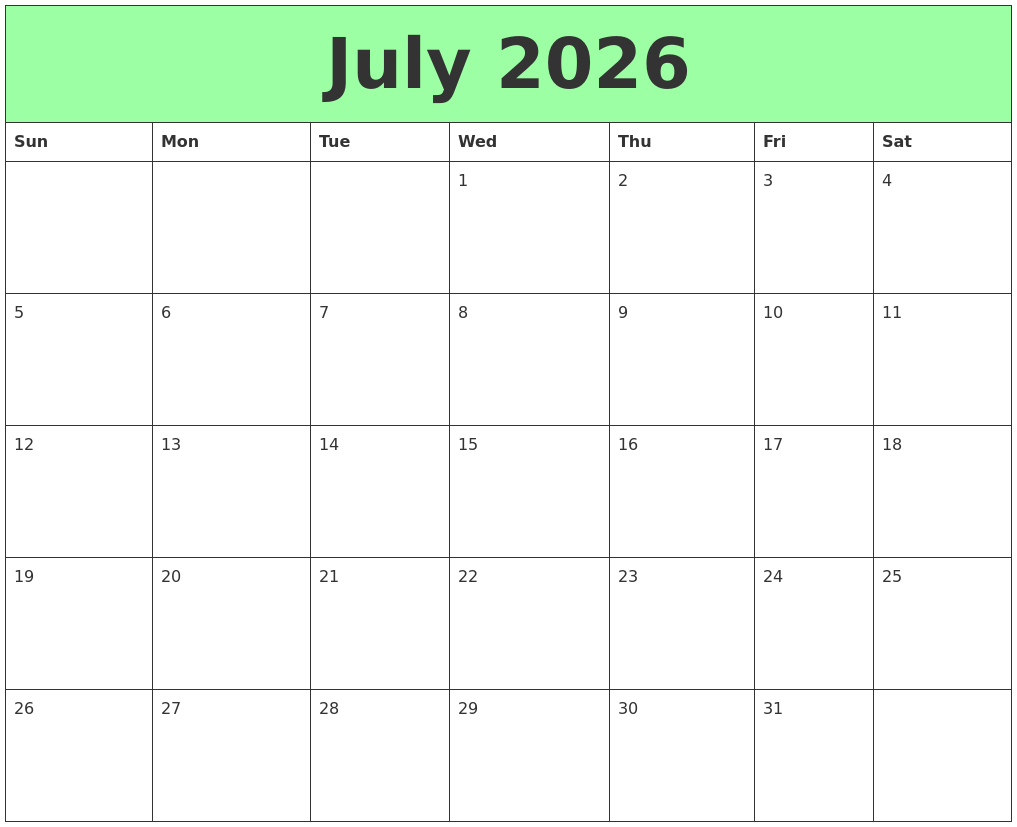 July 2026 Printable Calendars