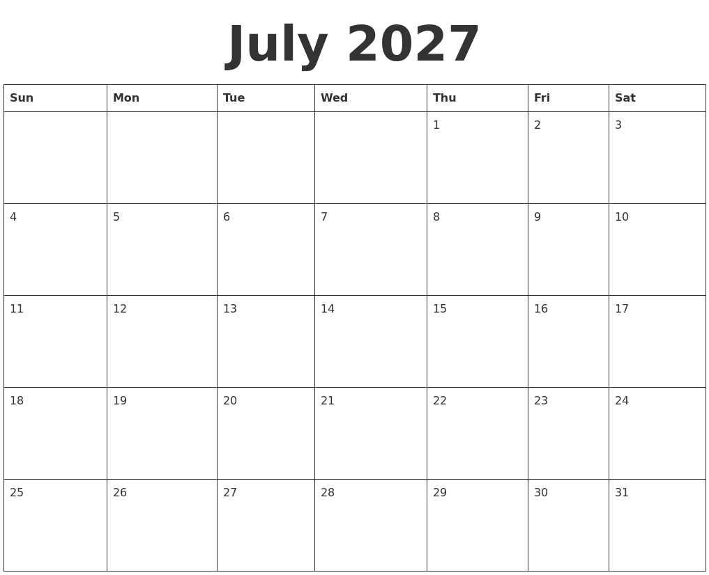 July 2027 Blank Calendar Template