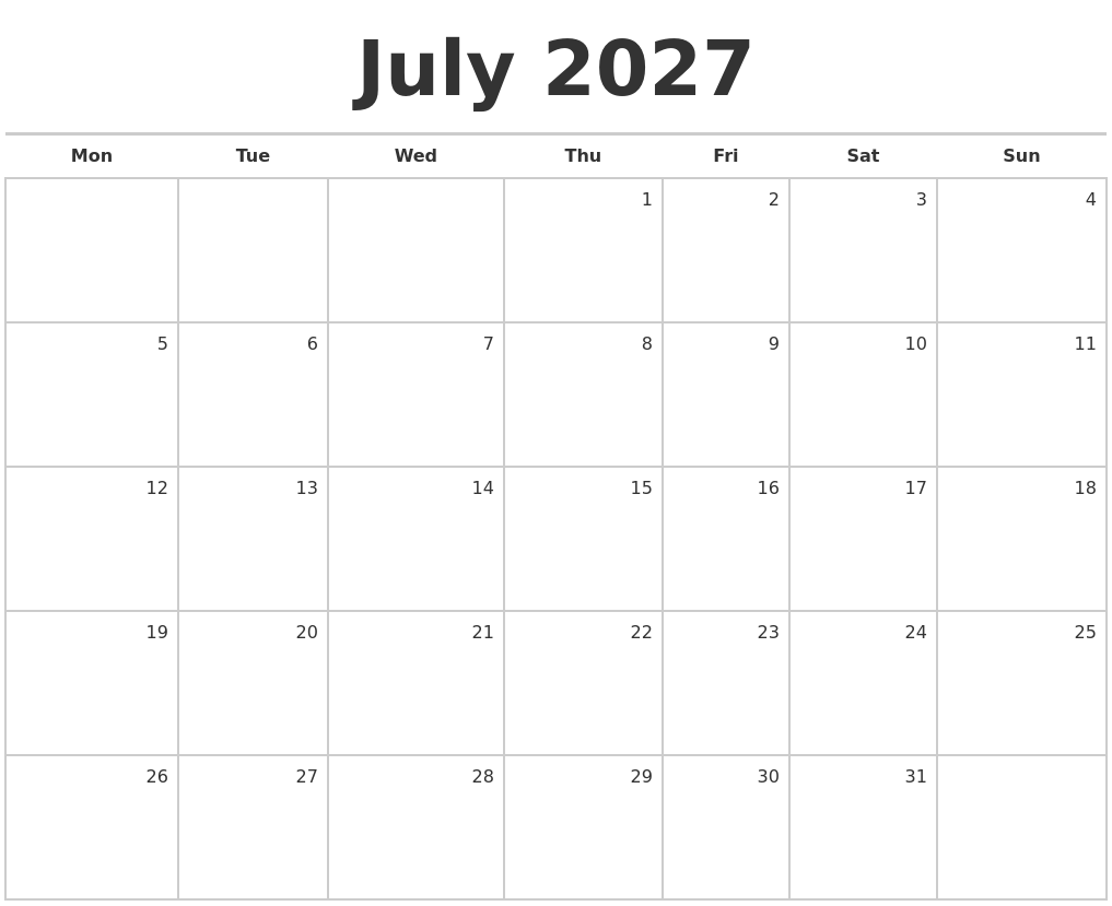 Free Blank Printable Calendar July 2023