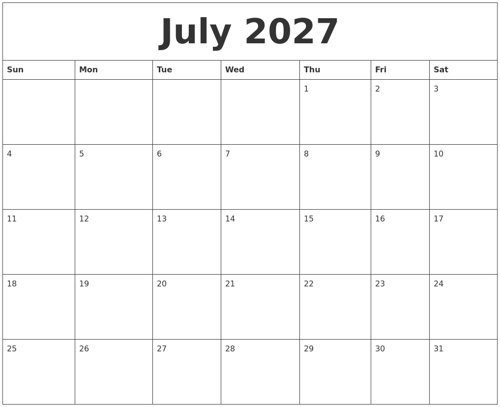 July 2027 Blank Monthly Calendar Pdf