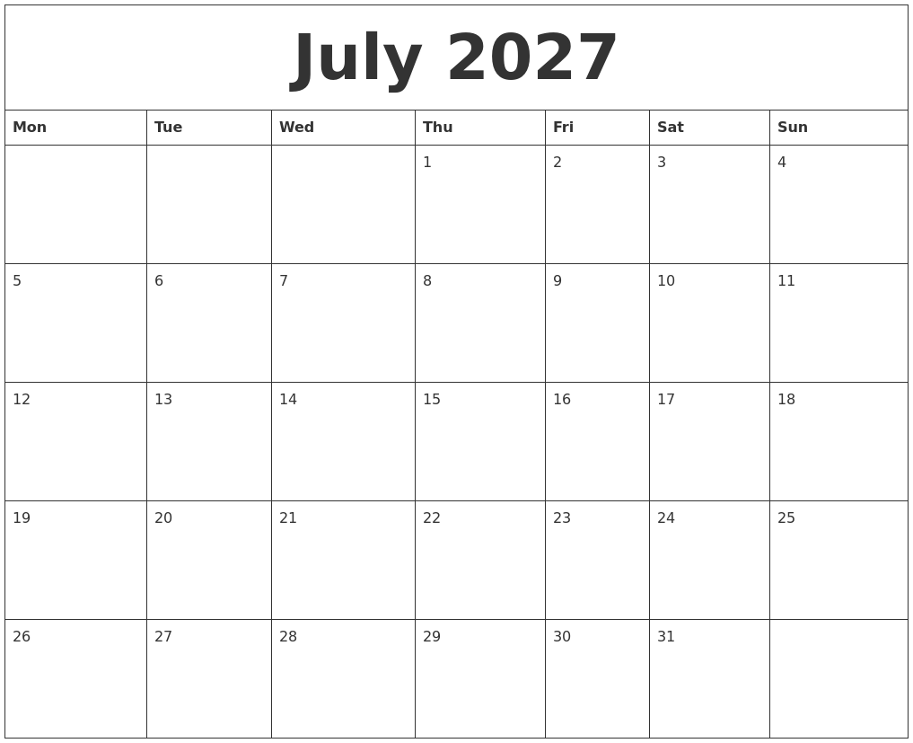 July 2027 Calendar