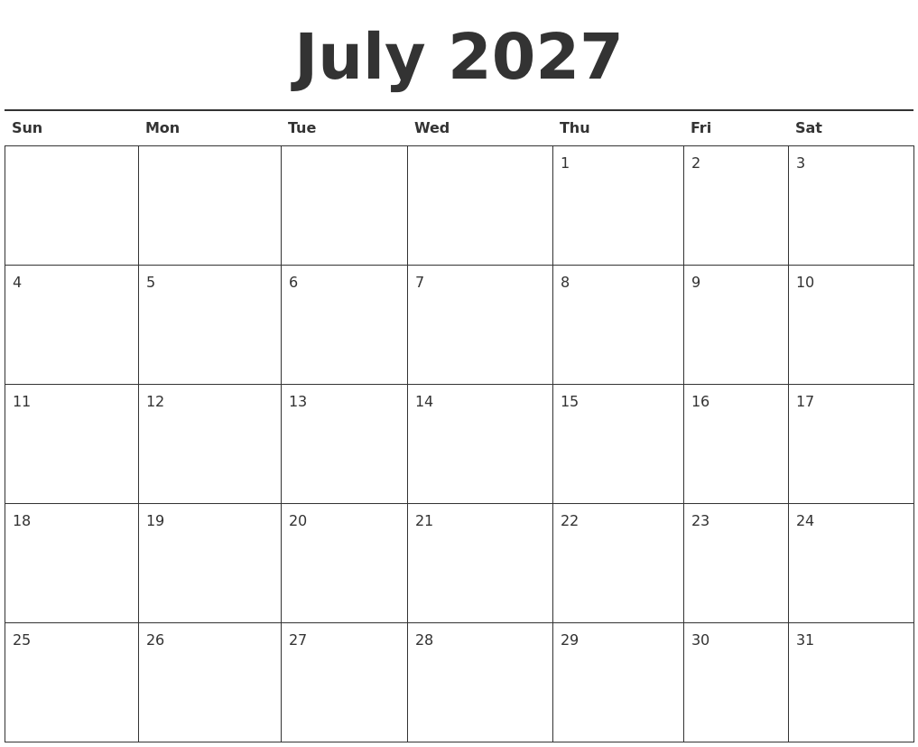 July 2027 Calendar Printable