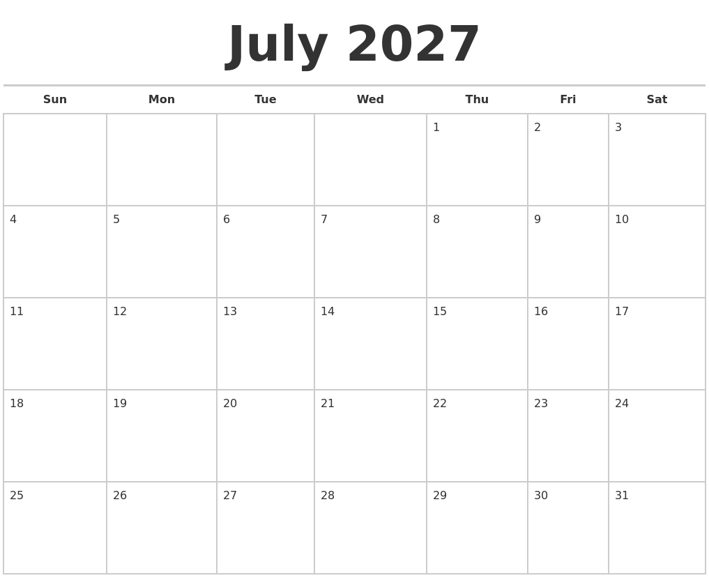 July 2027 Calendars Free