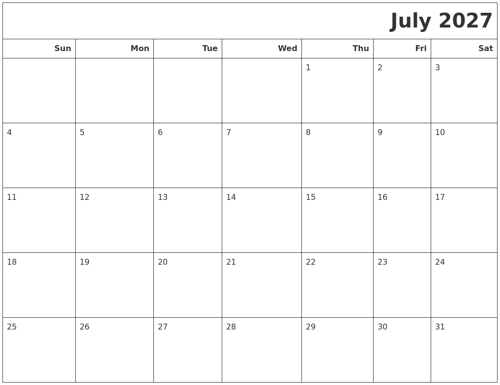 July 2027 Calendars To Print