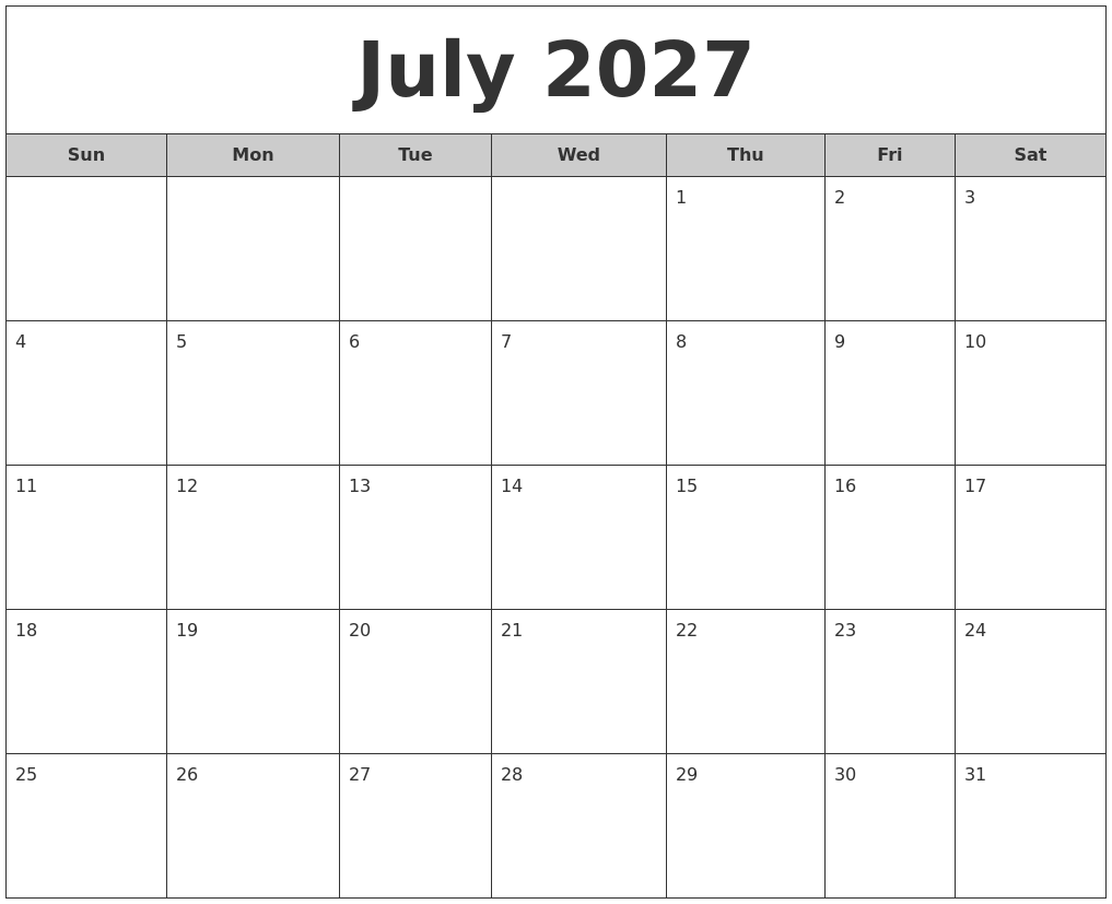 July 2027 Free Monthly Calendar