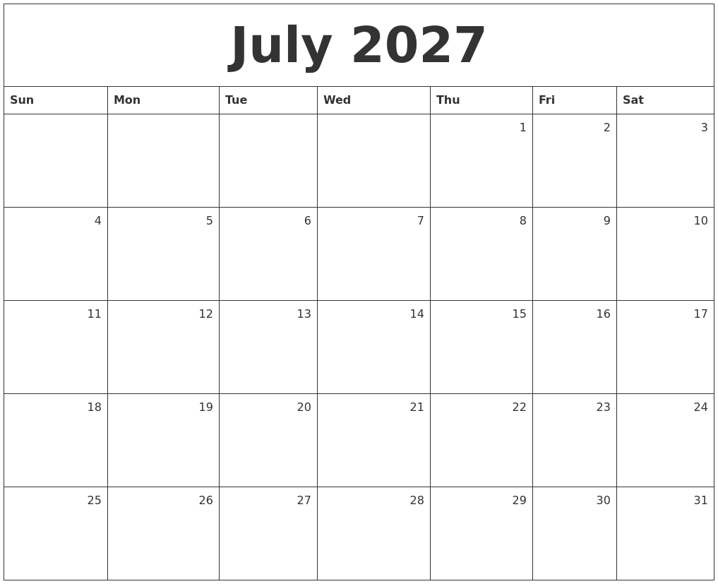 July 2027 Monthly Calendar