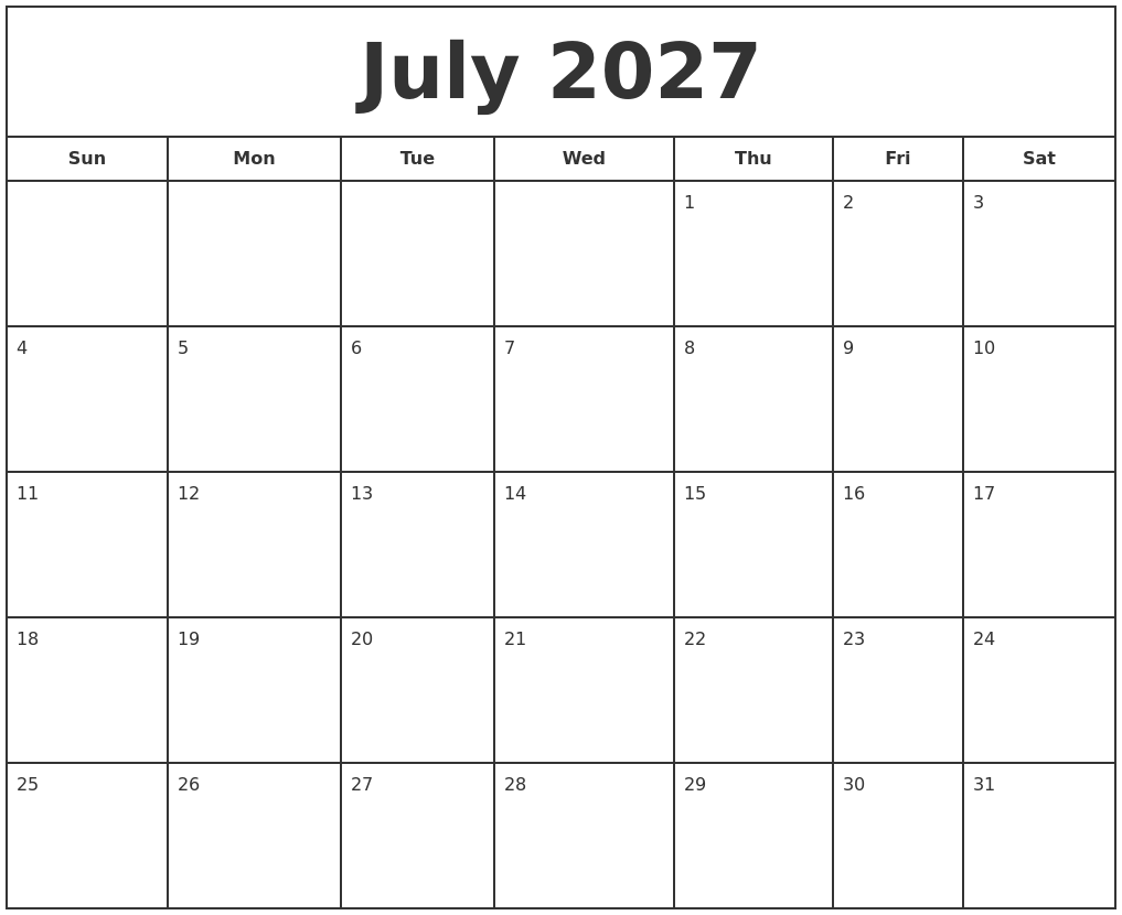 July 2027 Print Free Calendar