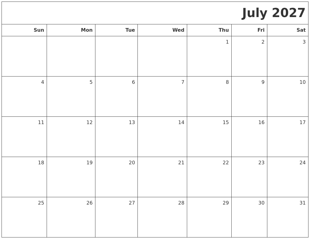 July 2027 Printable Blank Calendar