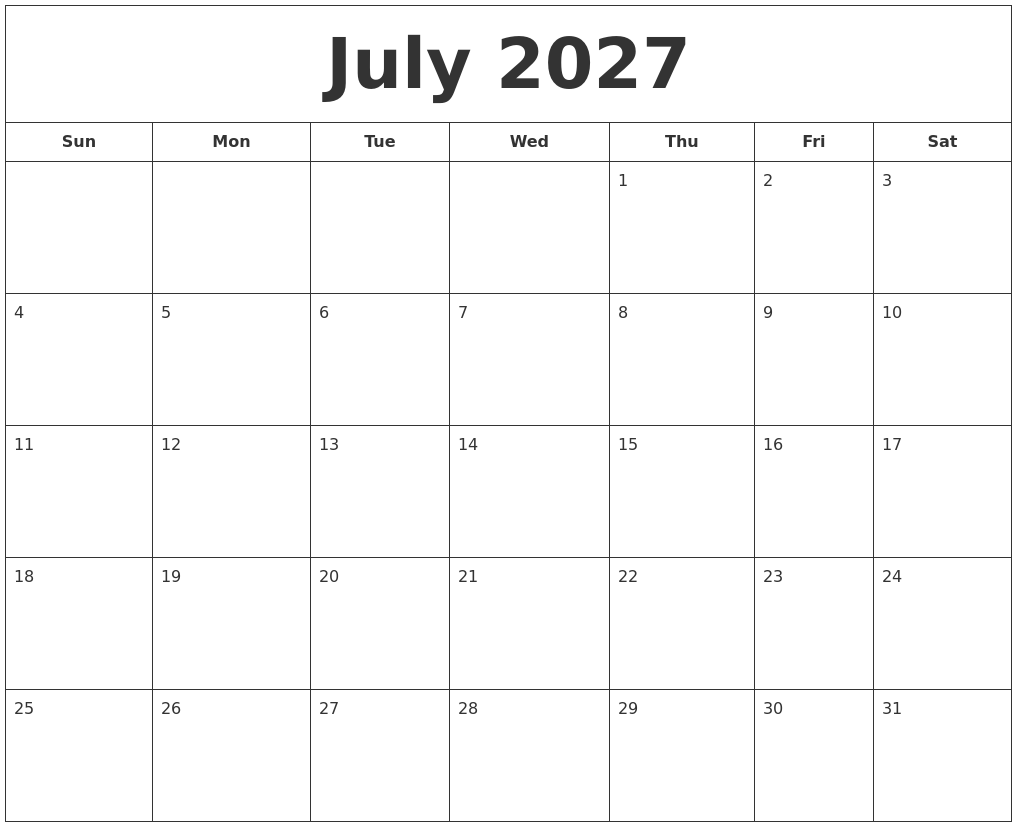 July 2027 Printable Calendar