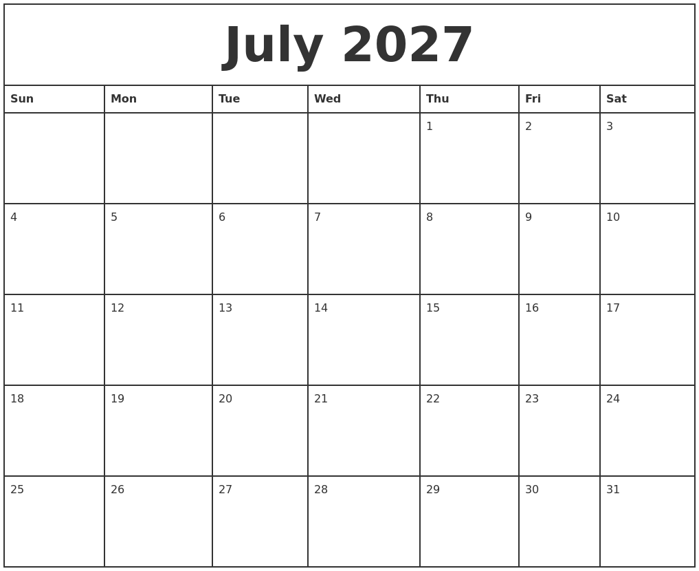 July 2027 Printable Monthly Calendar